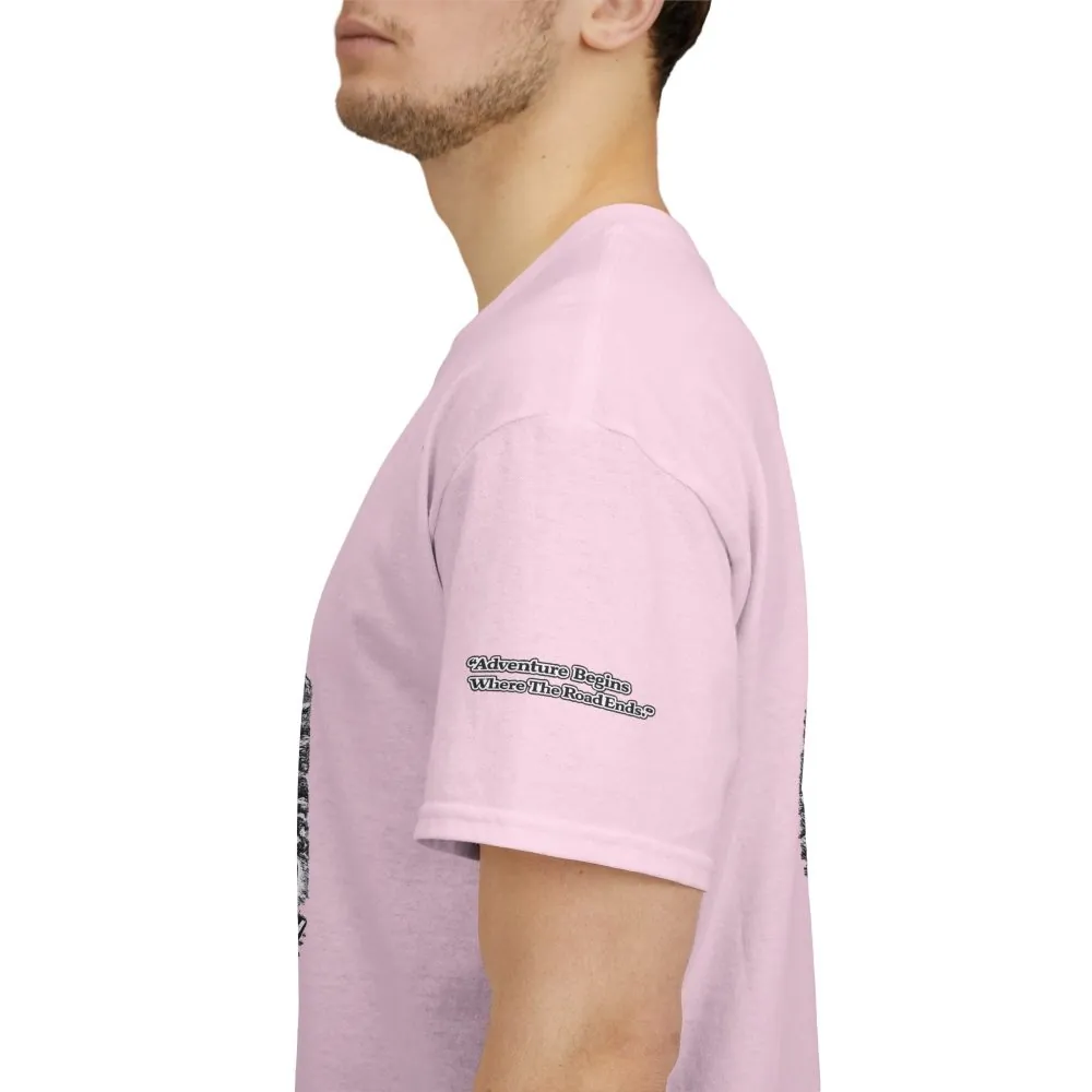 16115336401679257198_2048.jpeg Unisex Heavy Cotton Tee — "Adventure Begins Where The Road Ends" Design Minimal-Line
