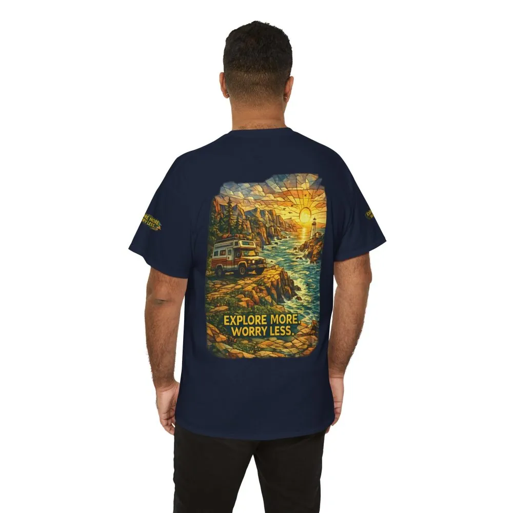16149079989878081620_2048.jpeg Unisex Heavy Cotton Tee — "Explore More Worry Less" Design Cubic-Line