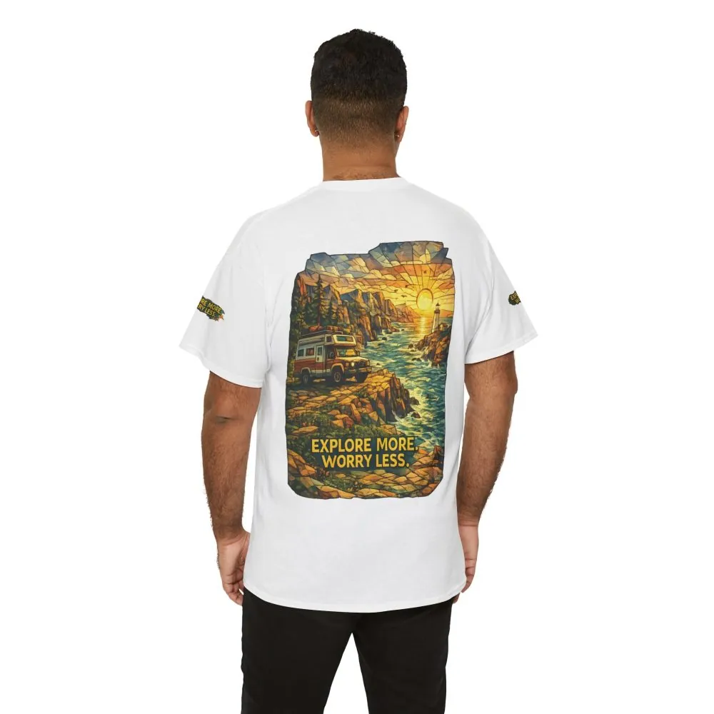 1615204841047174400_2048.jpeg Unisex Heavy Cotton Tee — "Explore More Worry Less" Design Cubic-Line