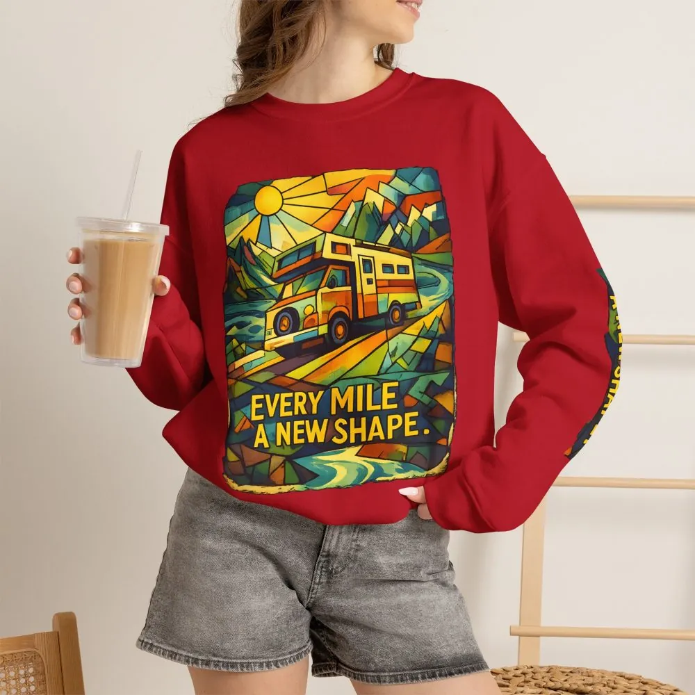 Unisex Heavy Blend™ Crewneck Sweatshirt — "Every Mile A New Shape" Design Cubic-Line