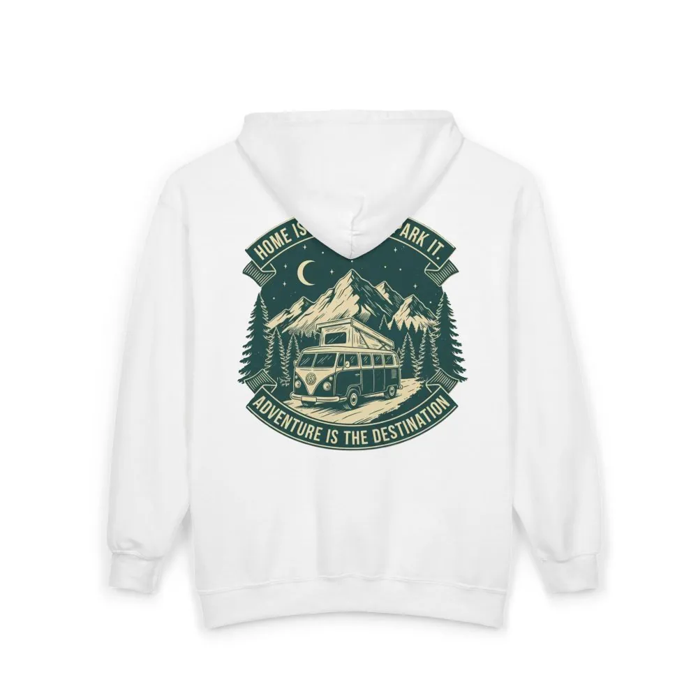 16157872207285068772_2048.jpeg Zip Hoodie — "Home Is Where You Park It-Adventure is the destination"(Only Back Printed) Camper Van Adventure Zip-Up