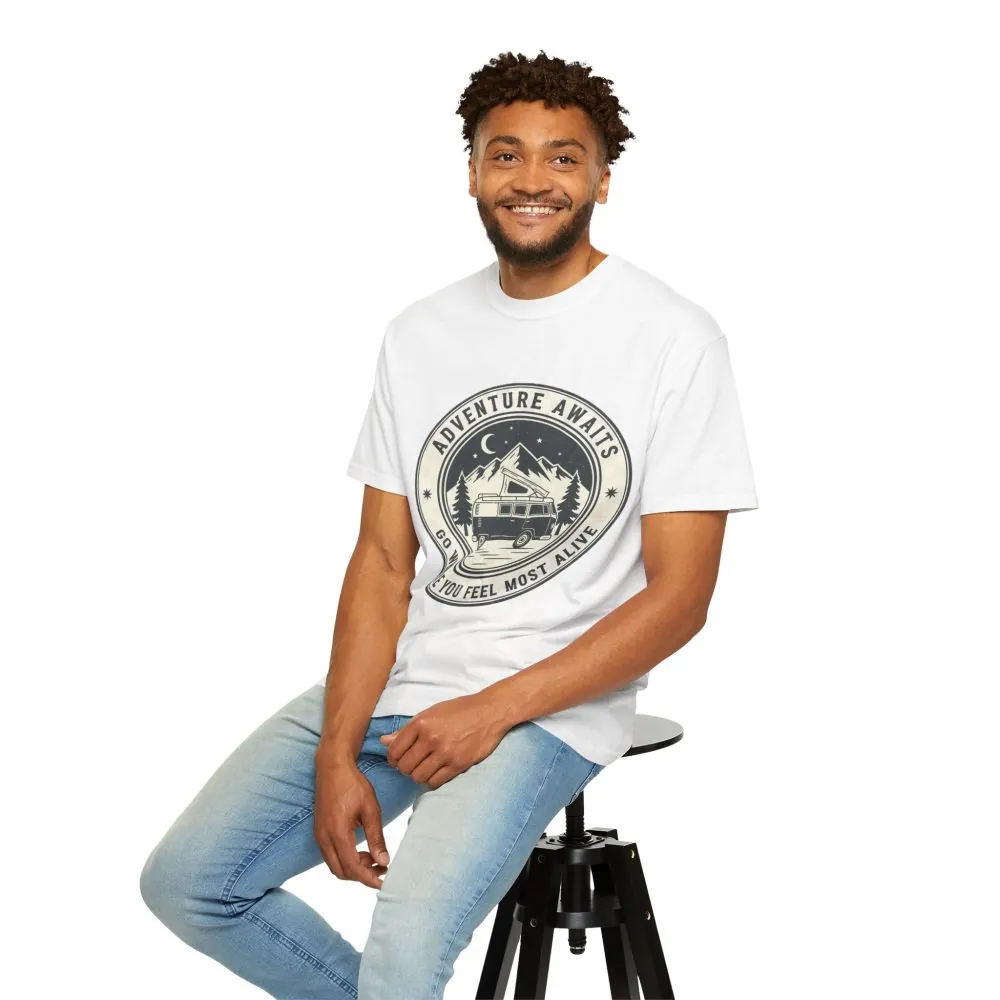 16173672466104701748_2048.jpeg T-Shirt — "Adventure Awaits-Go Where You Feel Most Alive" (Only Front Printed) Outdoor Travel Tee