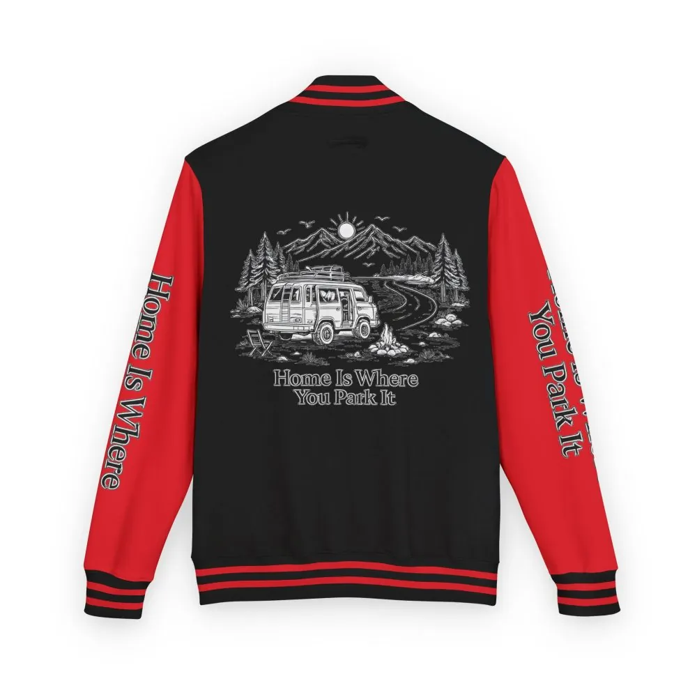 16180442486736320218_2048.jpeg Unisex Heavyweight Letterman Jacket — "Home Is Where You Park It" Travel Varsity Coat
