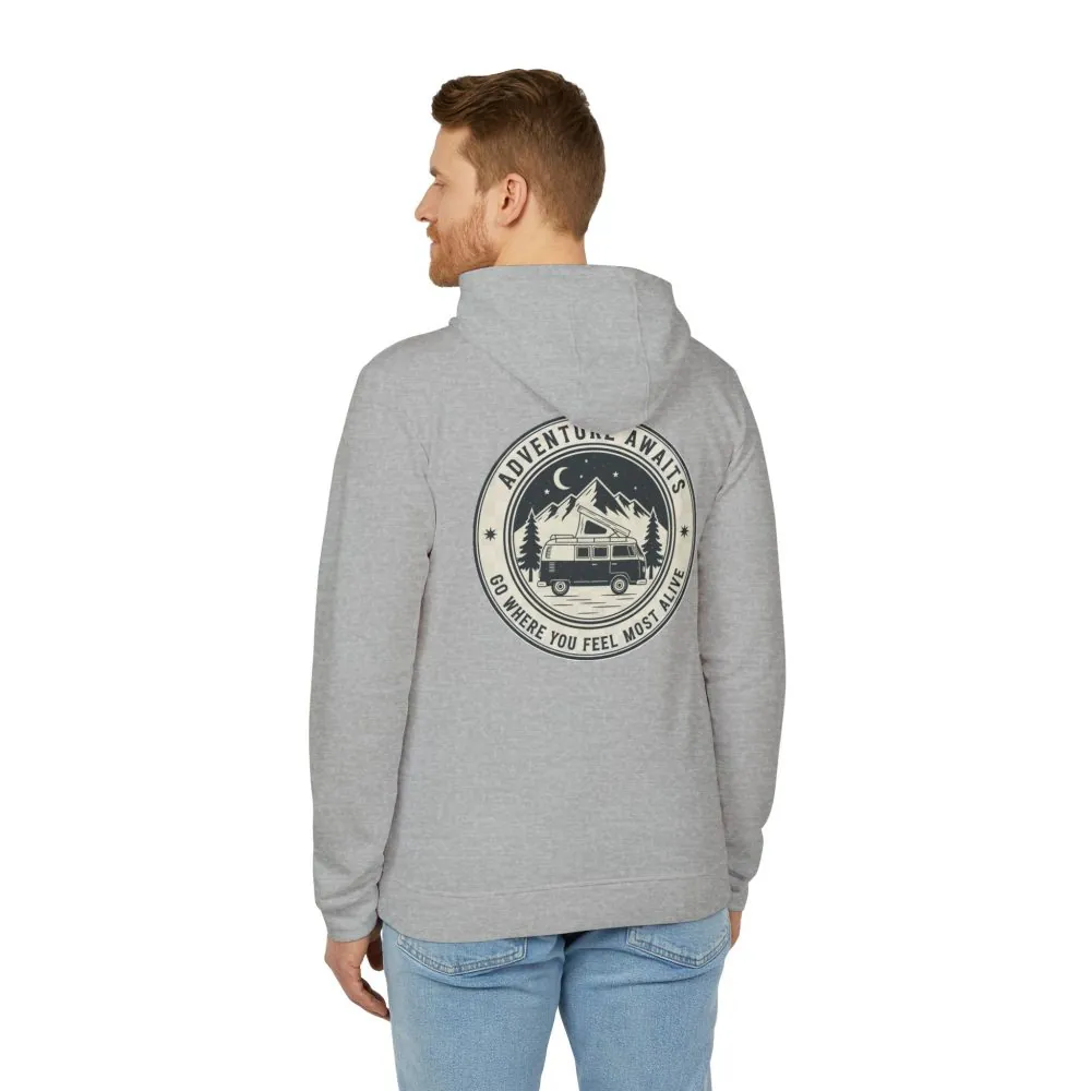 Hoodie(Adidas) — 'Adventure Awaits-Go Where You Feel Most Alive' Outdoor Travel Pullover (Only Back Printed)