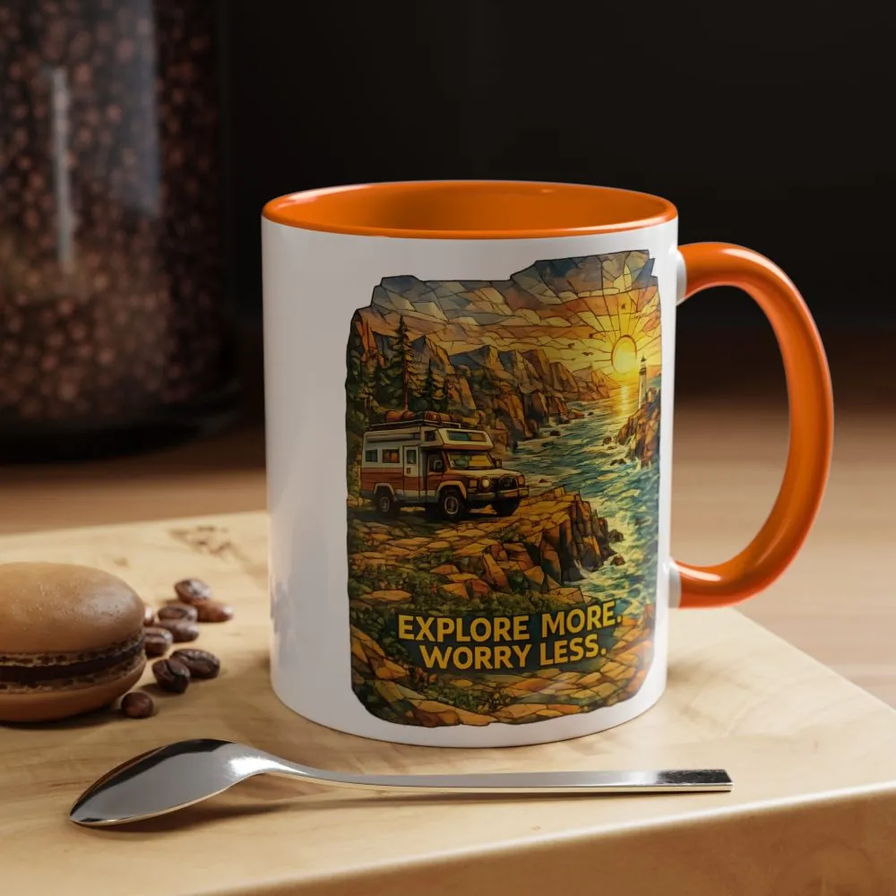 Accent Coffee Mug (11, 15oz) — "Explore More Worry Less" Design Cubic-Line