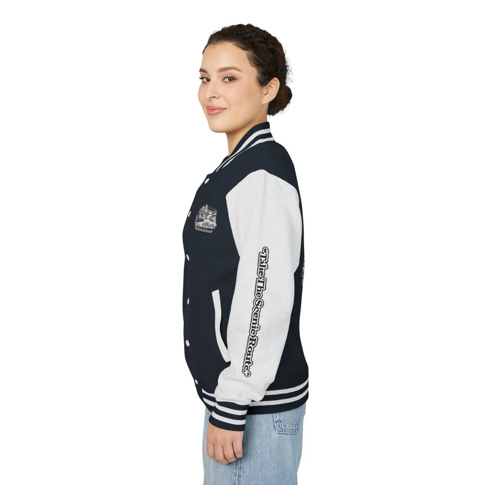 16269650874465767003_2048.jpeg Unisex Heavyweight Letterman Jacket — "Take The Scenic Route" Travel Varsity Coat