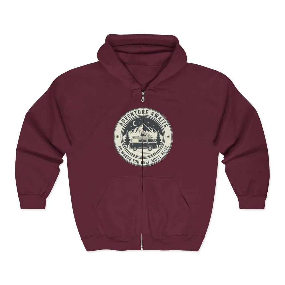 16280750318777751760_2048.jpeg Zip Hoodie — "Adventure Awaits-Go Where You Feel Most Alive" (Only Front Printed) Camper Van Adventure Zip-Up