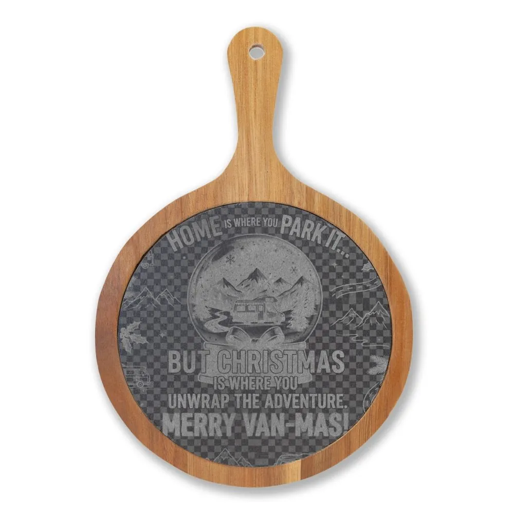1628393345372201310_2048.jpeg "Gift" Engraved Oak Charcuterie Board with Cheese Tools — "Home Is Where You Park It-But Christmas Is Where You Unwrap The Adventure - Merry Van-mas"