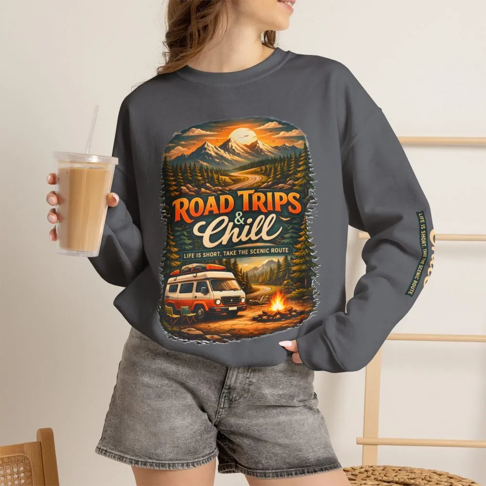 Unisex Heavy Blend™ Crewneck Sweatshirt — "Road Trips & Chill" Design Scenic-Line
