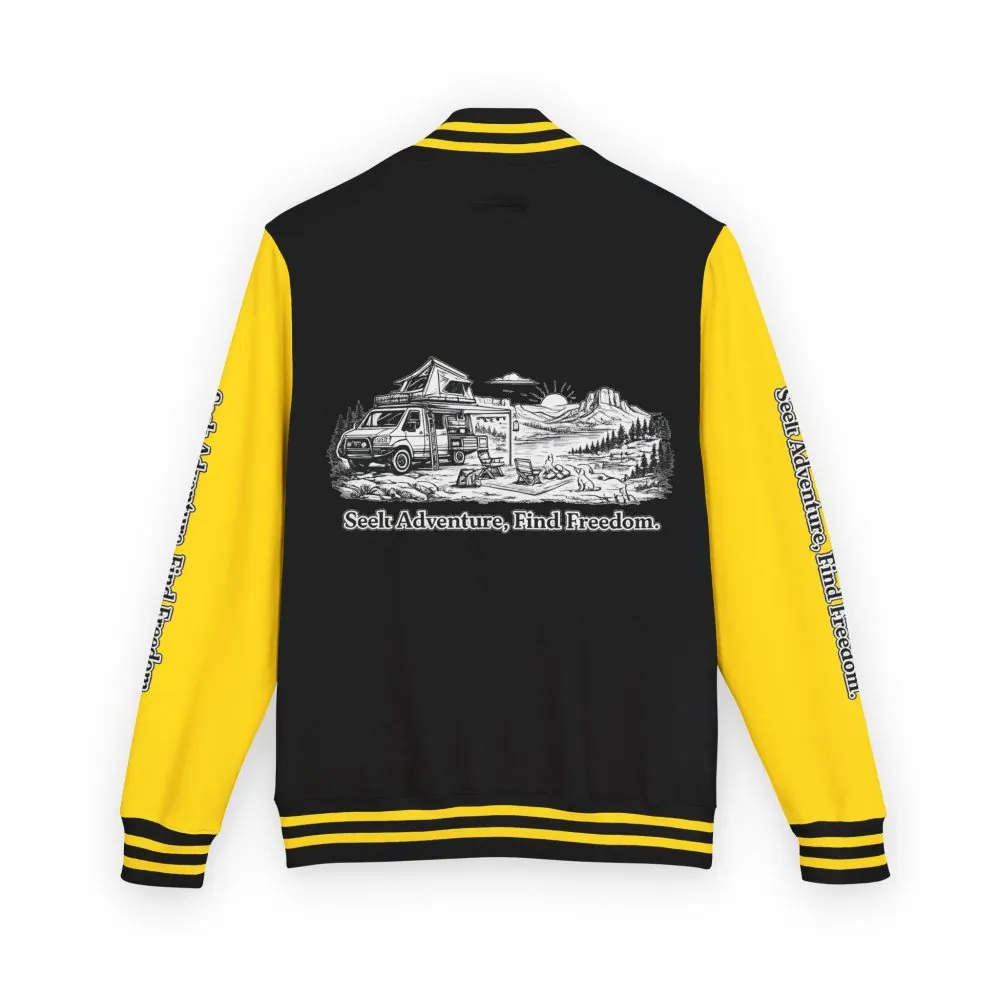 Unisex Heavyweight Letterman Jacket — "Seek Adventure, Find Freedom" Travel Varsity Coat