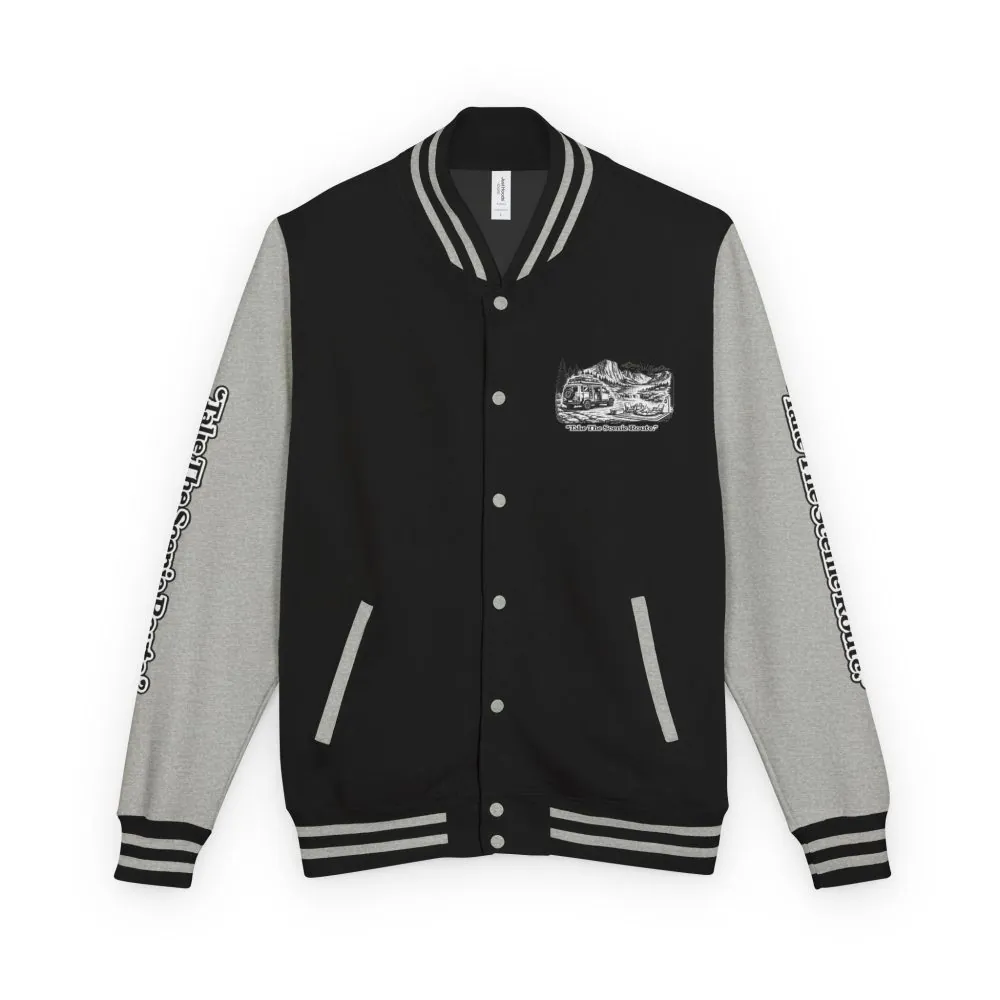 16369846056894819154_2048.jpeg Unisex Heavyweight Letterman Jacket — "Take The Scenic Route" Travel Varsity Coat