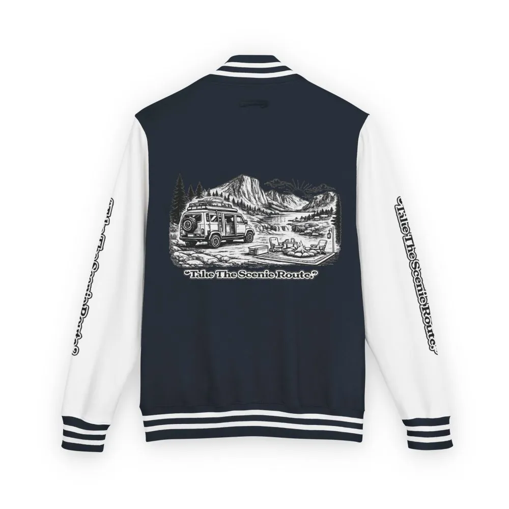 16376679820920817091_2048.jpeg Unisex Heavyweight Letterman Jacket — "Take The Scenic Route" Travel Varsity Coat
