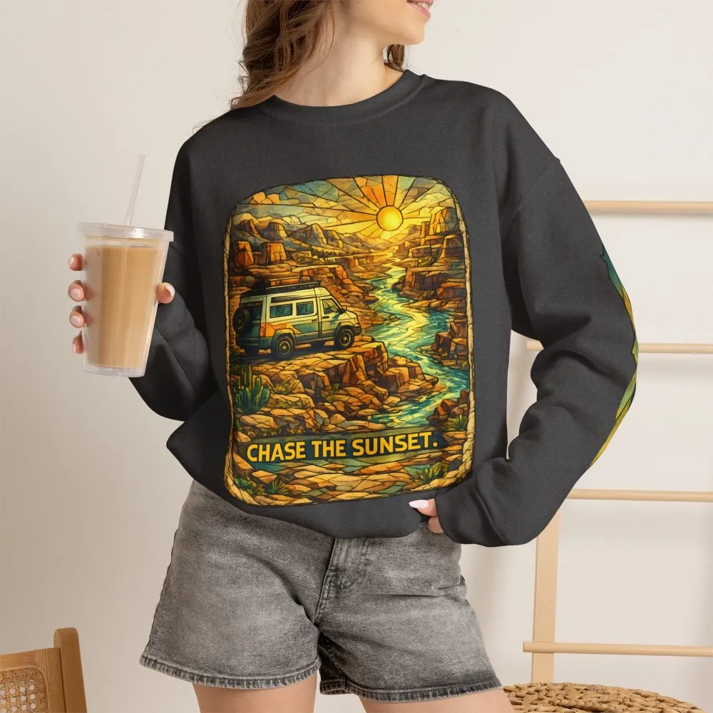 Unisex Heavy Blend™ Crewneck Sweatshirt — "Chase The Sunset" Design Cubic-Line