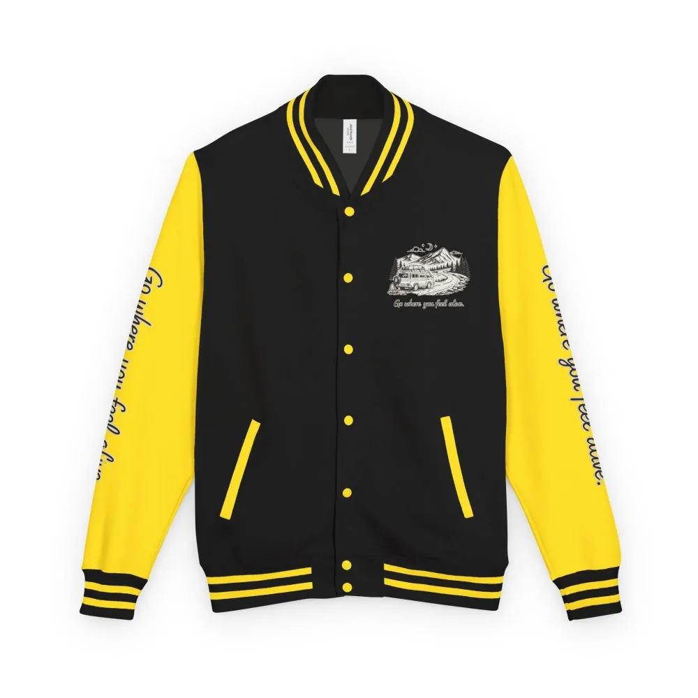 16403864268373331436_2048.jpeg Unisex Heavyweight Letterman Jacket — "Go Where You Feel Alive" Travel Varsity Coat