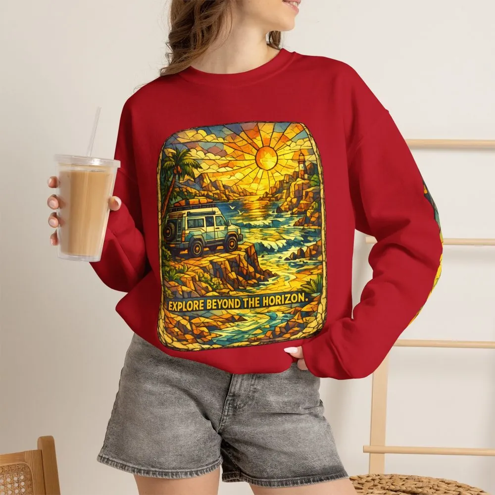 Unisex Heavy Blend™ Crewneck Sweatshirt — "Explore Beyond The Horizon" Design Cubic-Line
