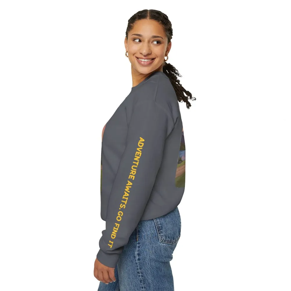 Unisex Heavy Blend™ Crewneck Sweatshirt — "Adventure Awaits-Go Find It" Design Sitcom-Line