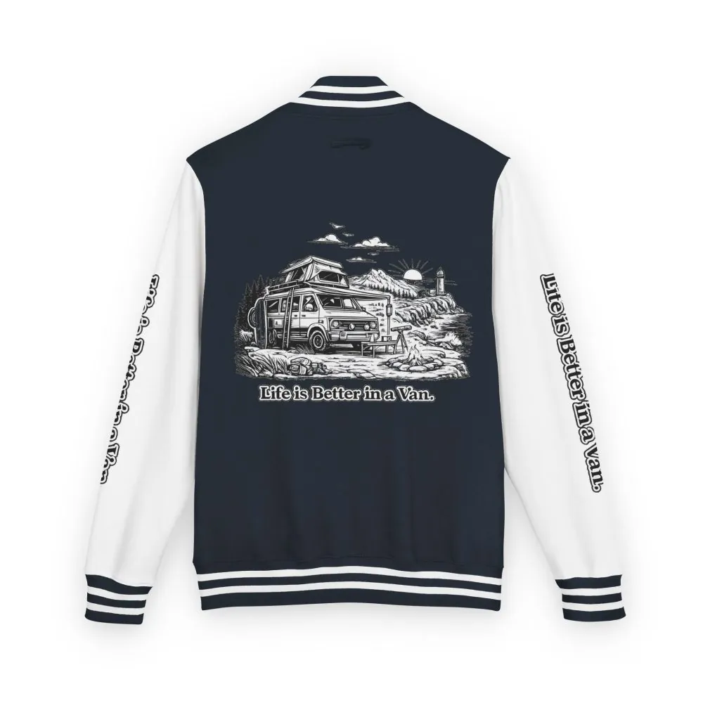 16535478707321952532_2048.jpeg Unisex Heavyweight Letterman Jacket — "Life Is Better In A Van" Travel Varsity Coat