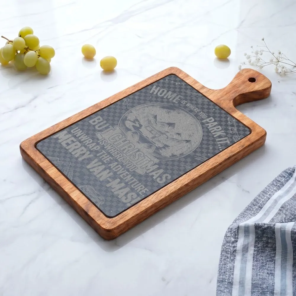 16541196447017089899_2048.jpeg "Gift" Engraved Oak Charcuterie Board with Cheese Tools — "Home Is Where You Park It-But Christmas Is Where You Unwrap The Adventure - Merry Van-mas"