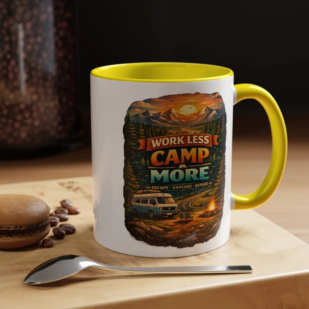 Accent Coffee Mug (11, 15oz) — "Work Less-Camp More" Design Scenic-Line