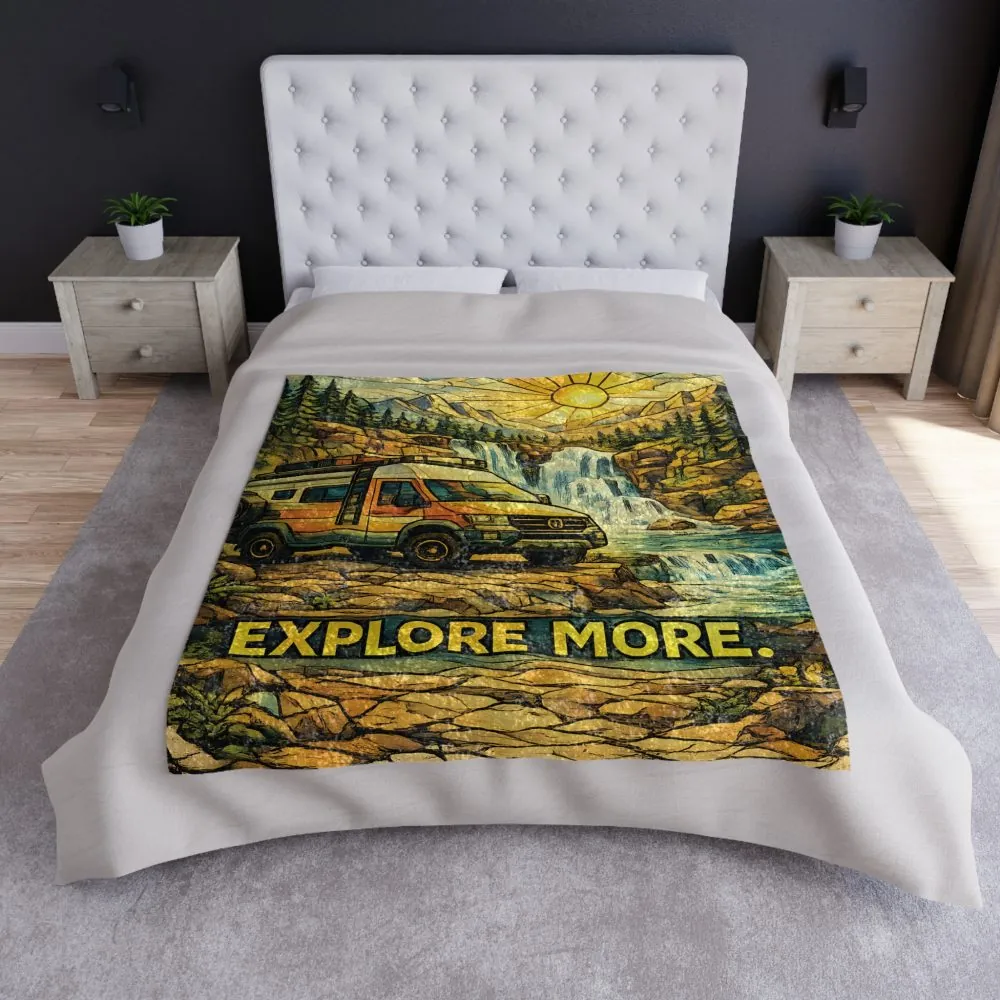 Crushed Velvet Blanket —"Explore More" Design Cubic-Line (Campervan)
