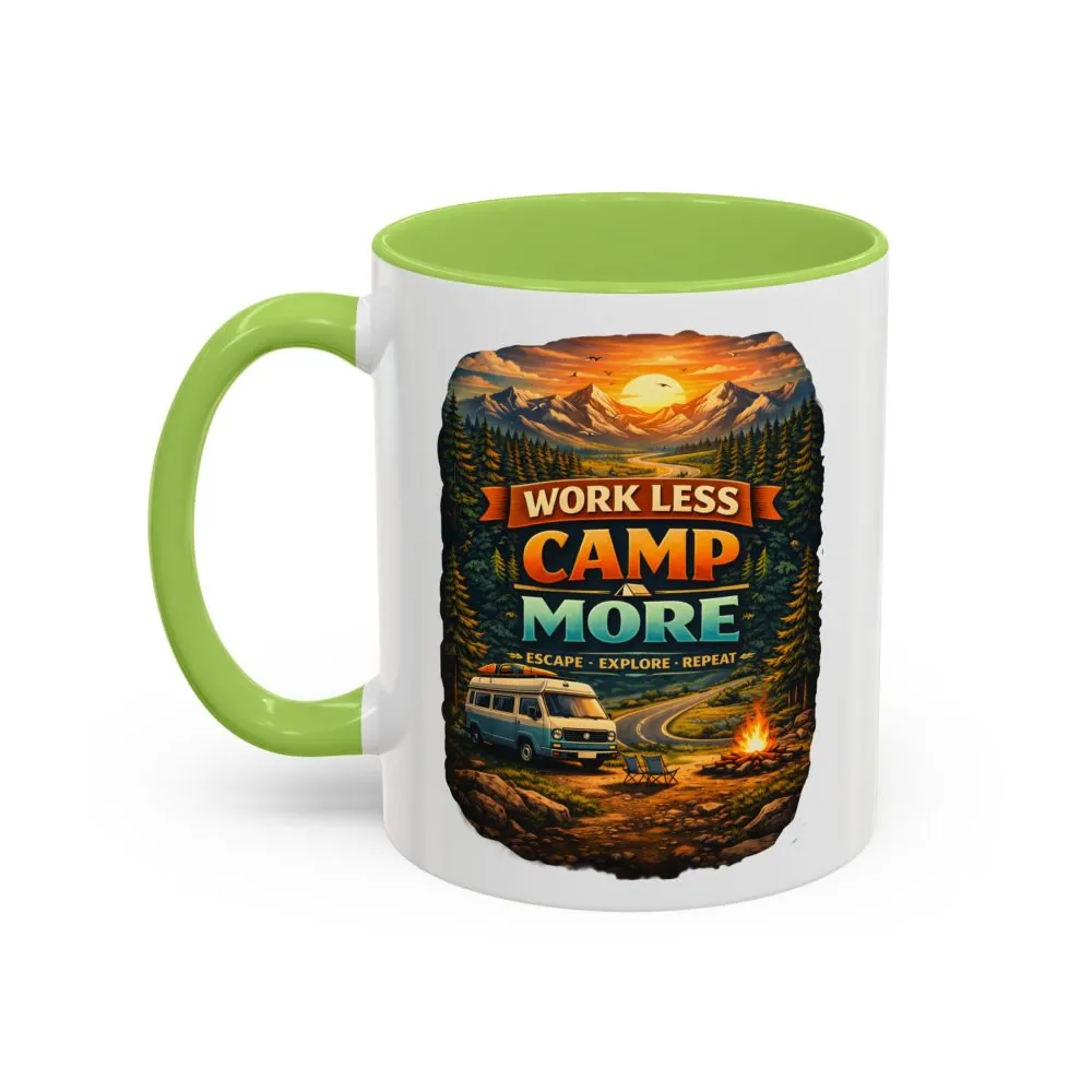 Accent Coffee Mug (11, 15oz) — "Work Less-Camp More" Design Scenic-Line