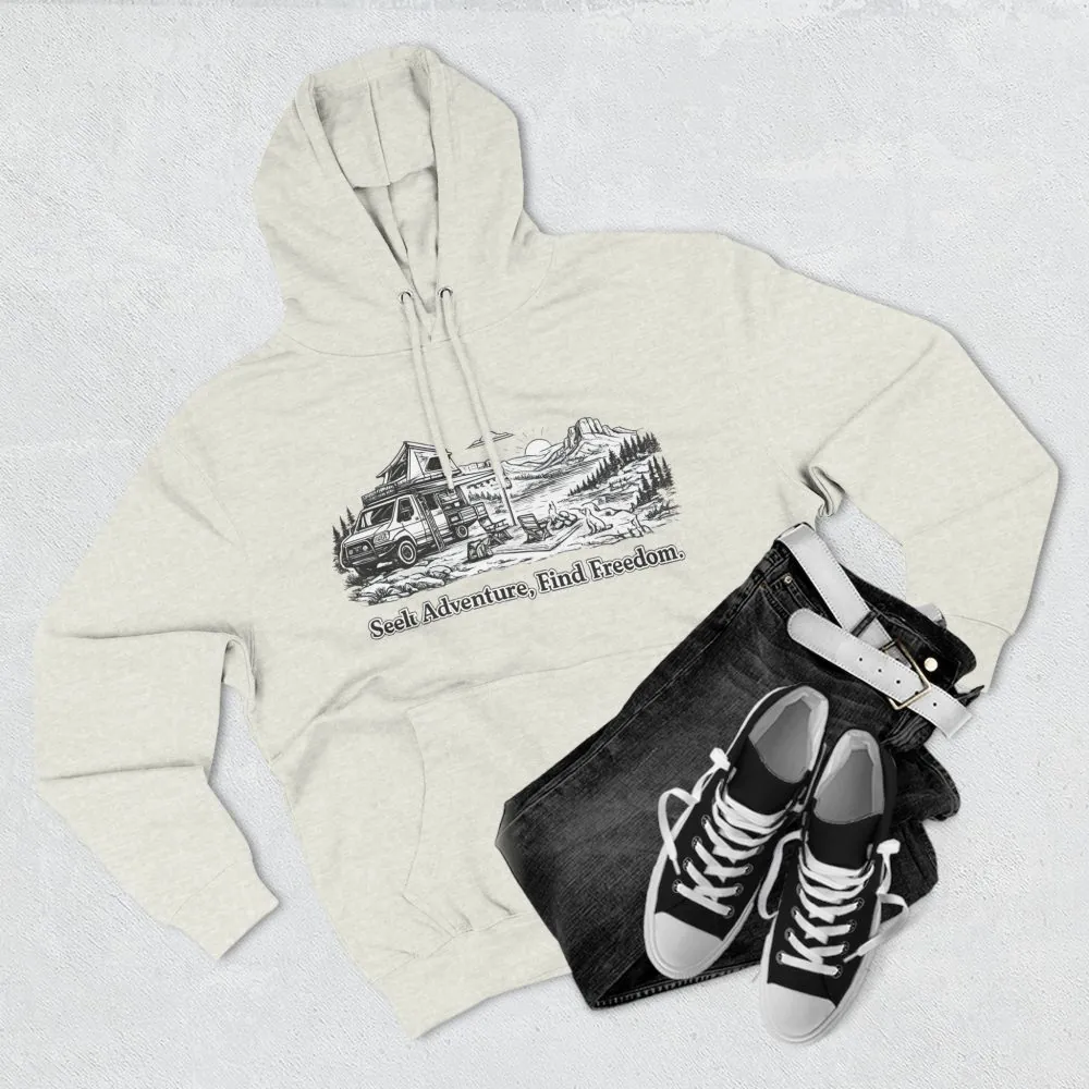 Three-Panel Fleece Hoodie - "Seek Adventure, Find Freedom" Design Minimal-Line