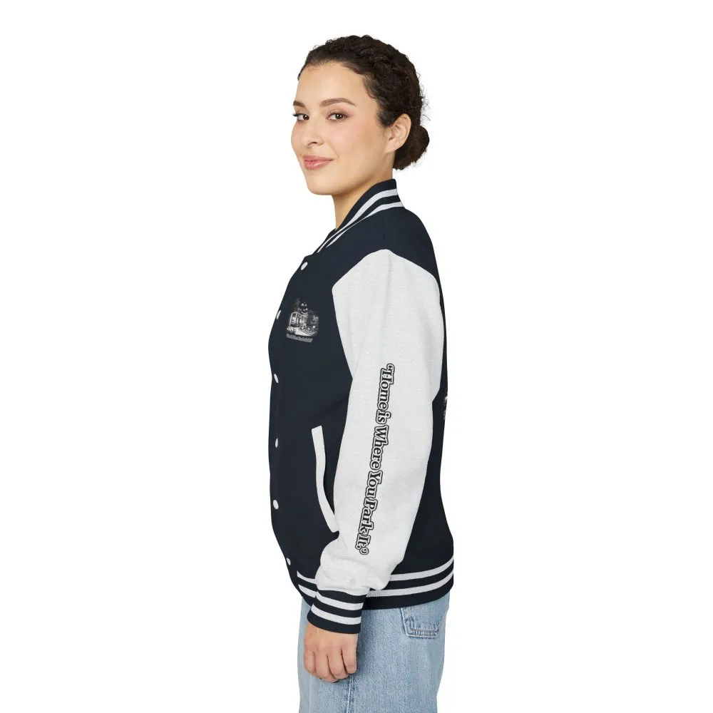 16602868164422000943_2048.jpeg Unisex Heavyweight Letterman Jacket — "Home Is Where You Park It" Travel Varsity Coat