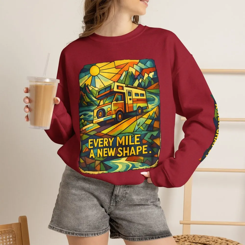 Unisex Heavy Blend™ Crewneck Sweatshirt — "Every Mile A New Shape" Design Cubic-Line