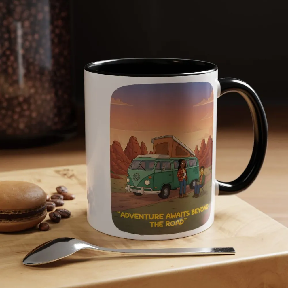 Accent Coffee Mug (11, 15oz) — "Adventure Awaits Beyond The Road" Design Sitcom-Line