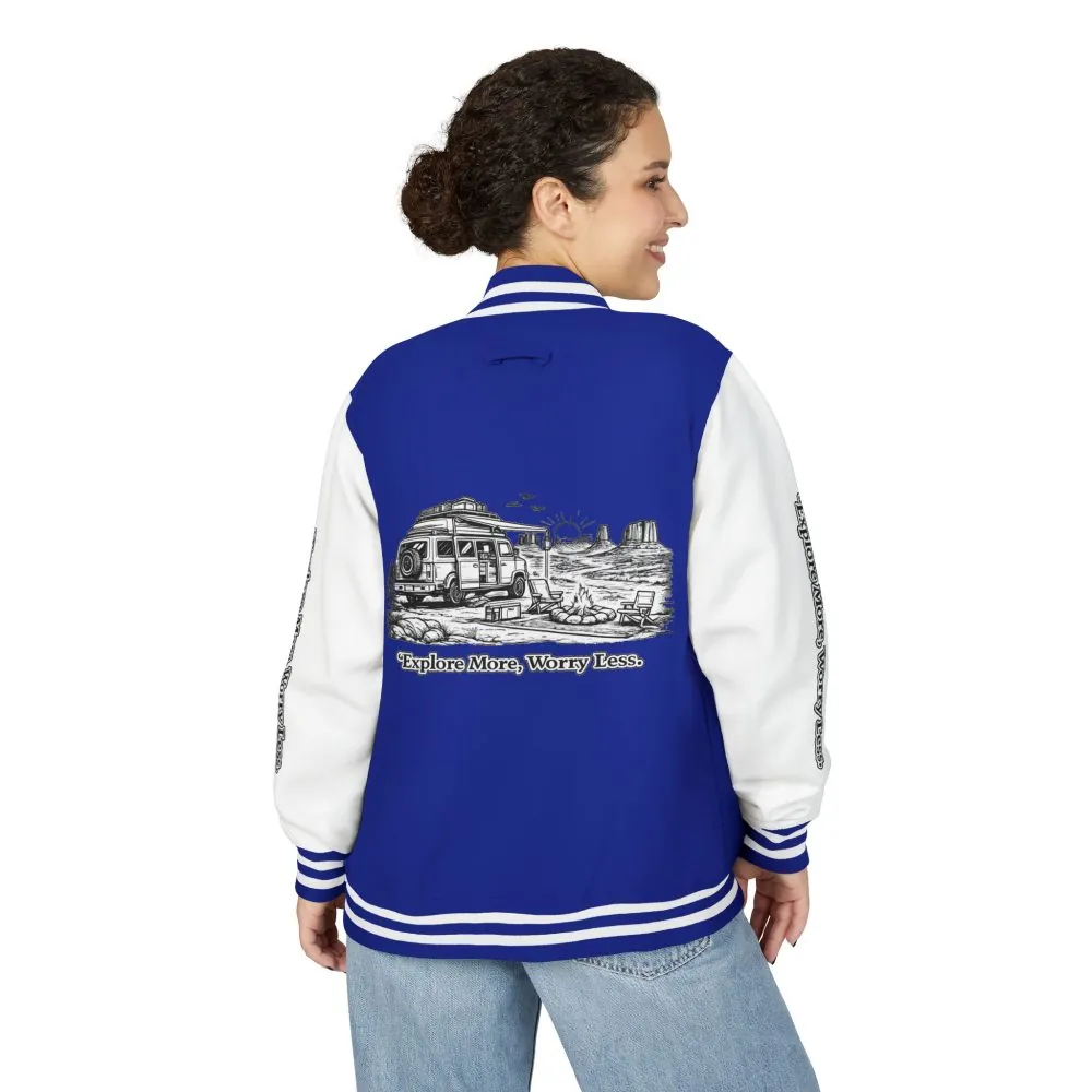 16663360733676922728_2048.jpeg Unisex Heavyweight Letterman Jacket — "Explore More Worry Less" Travel Varsity Coat