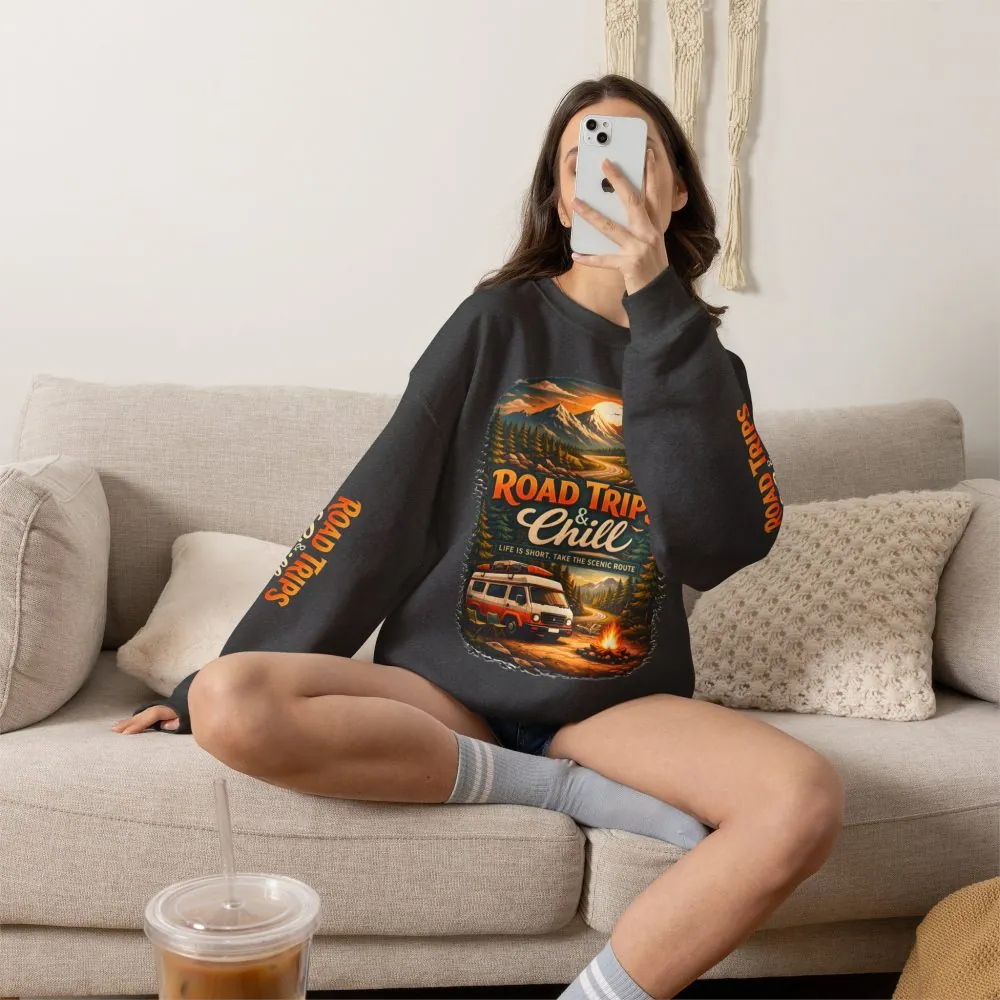 Unisex Heavy Blend™ Crewneck Sweatshirt — "Road Trips & Chill" Design Scenic-Line