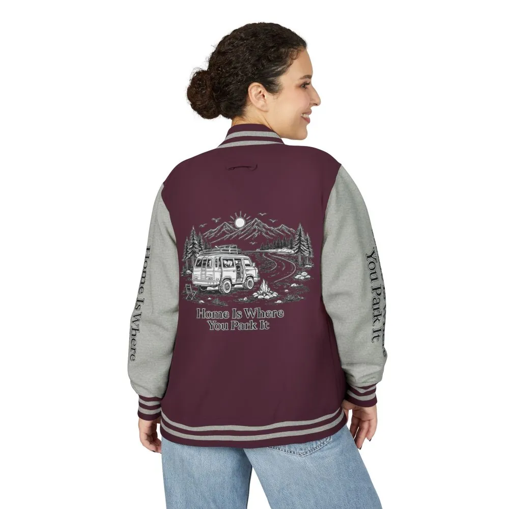 16714070711928989689_2048.jpeg Unisex Heavyweight Letterman Jacket — "Home Is Where You Park It" Travel Varsity Coat