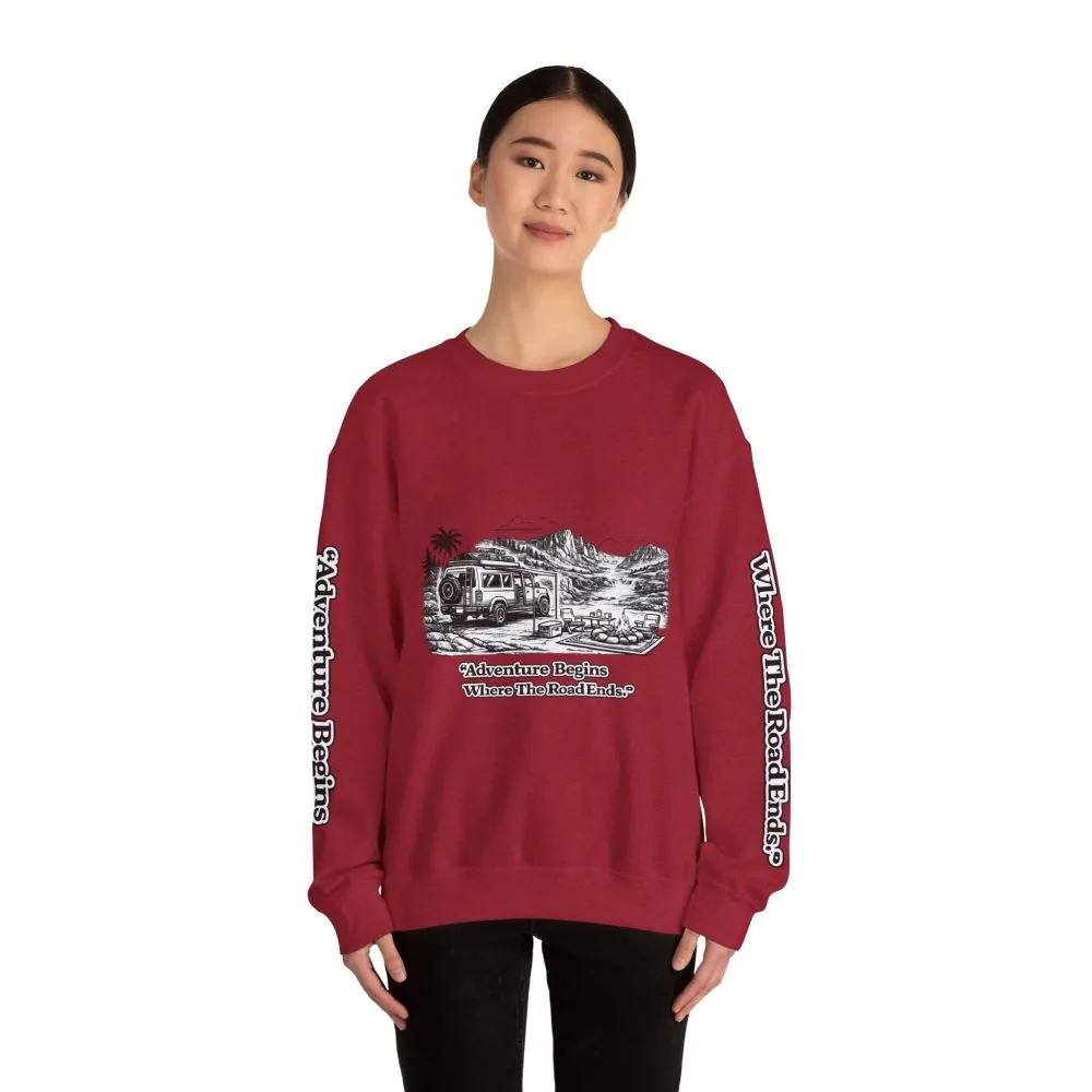 16718848676420150180_2048.jpeg Unisex Heavy Blend™ Crewneck Sweatshirt — "Adventure Begins Where The Road Ends" Design Minimal-Line