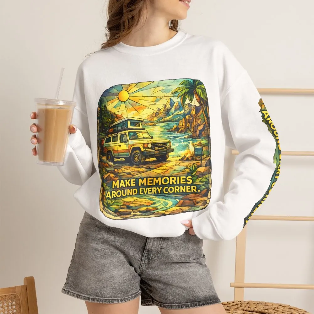 Unisex Heavy Blend™ Crewneck Sweatshirt — "Make Memories Around Every Corner" Design Cubic-Line