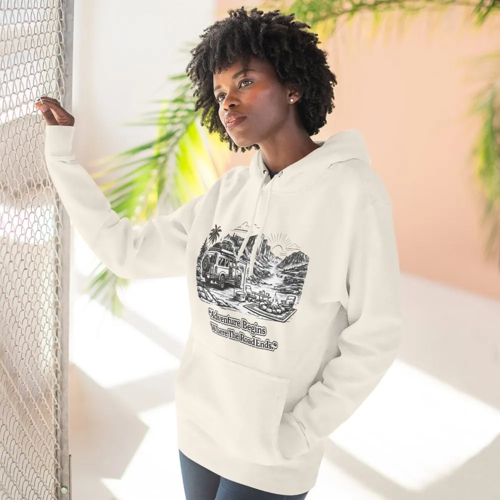 16752666858266898006_2048.jpeg Three-Panel Fleece Hoodie - "Adventure Begins Where The Road Ends" Design Minimal-Line