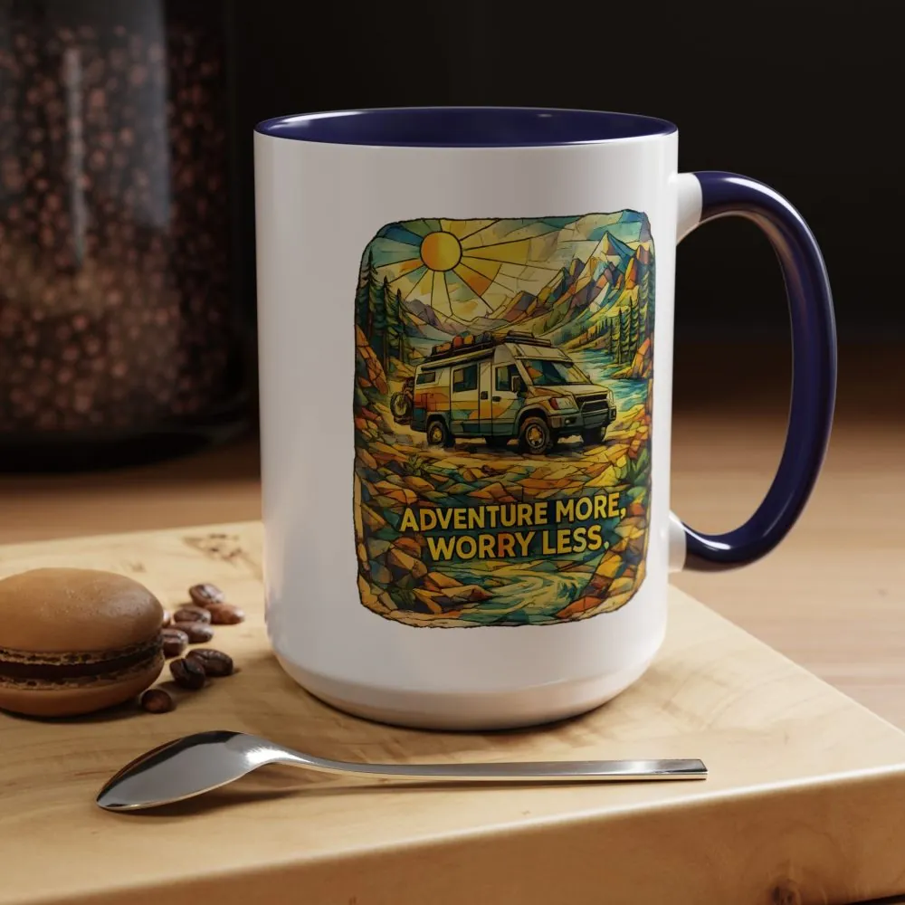 Accent Coffee Mug (11, 15oz) — "Adventure More Worry Less" Design Cubic-Line