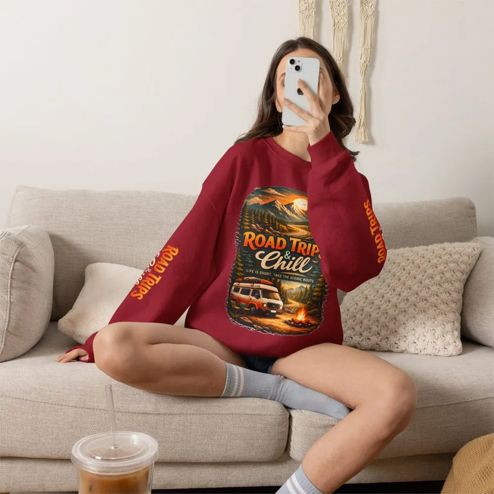 Unisex Heavy Blend™ Crewneck Sweatshirt — "Road Trips & Chill" Design Scenic-Line