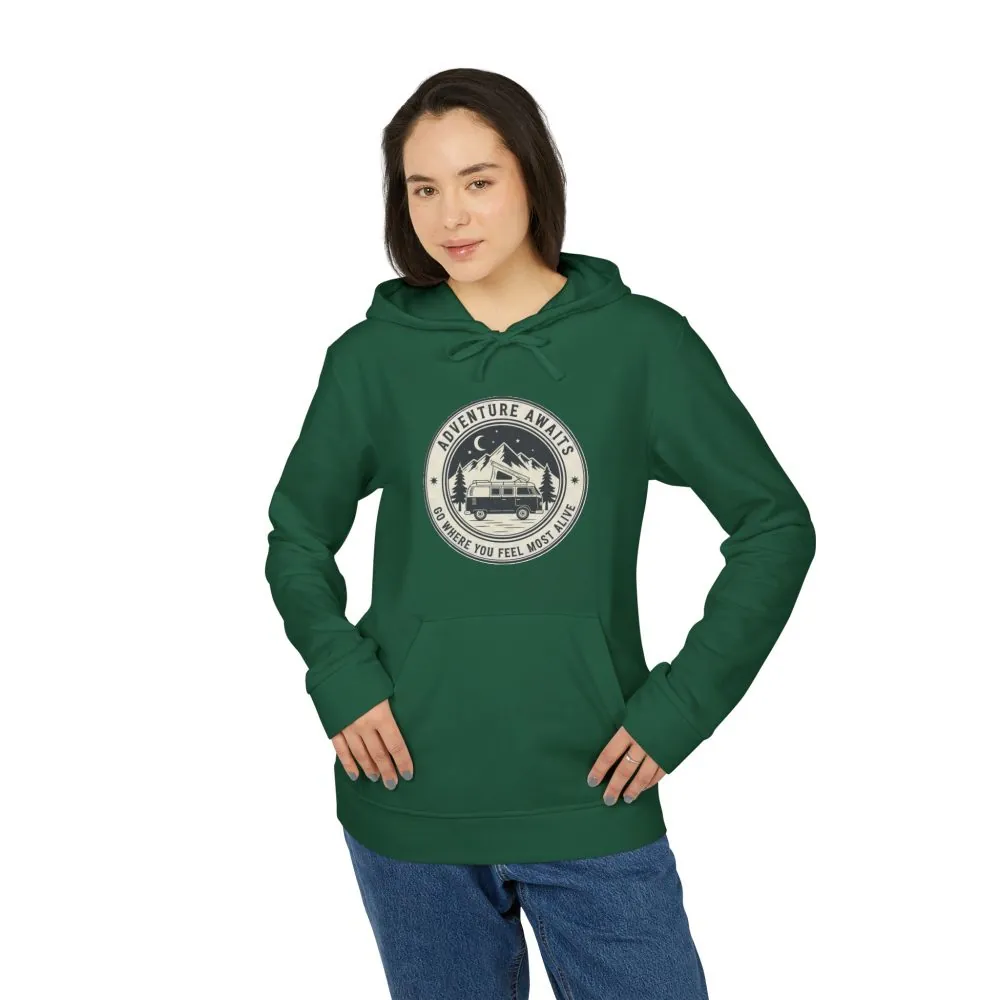 Hoodie(Adidas) — 'Adventure Awaits-Go Where You Feel Most Alive' Outdoor Travel Pullover (Only Front Printed)