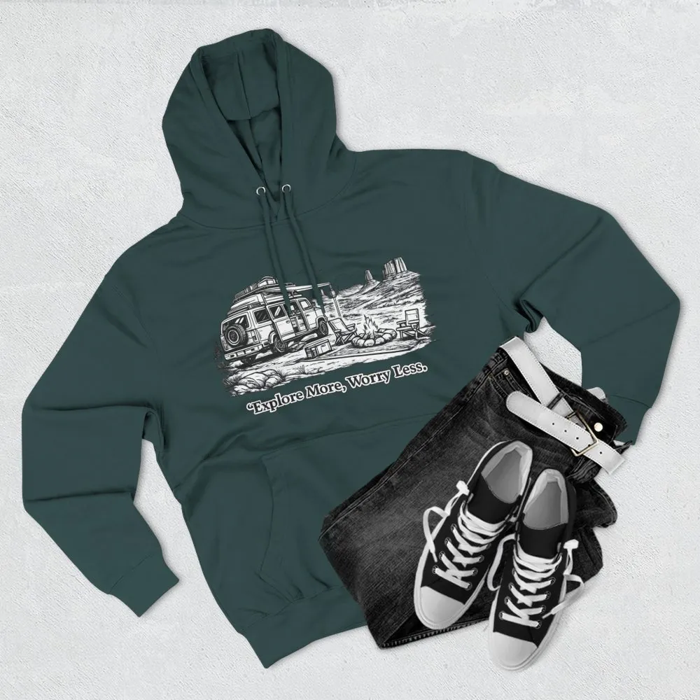 Three-Panel Fleece Hoodie - "Explore More Worry Less" Design Minimal-Line