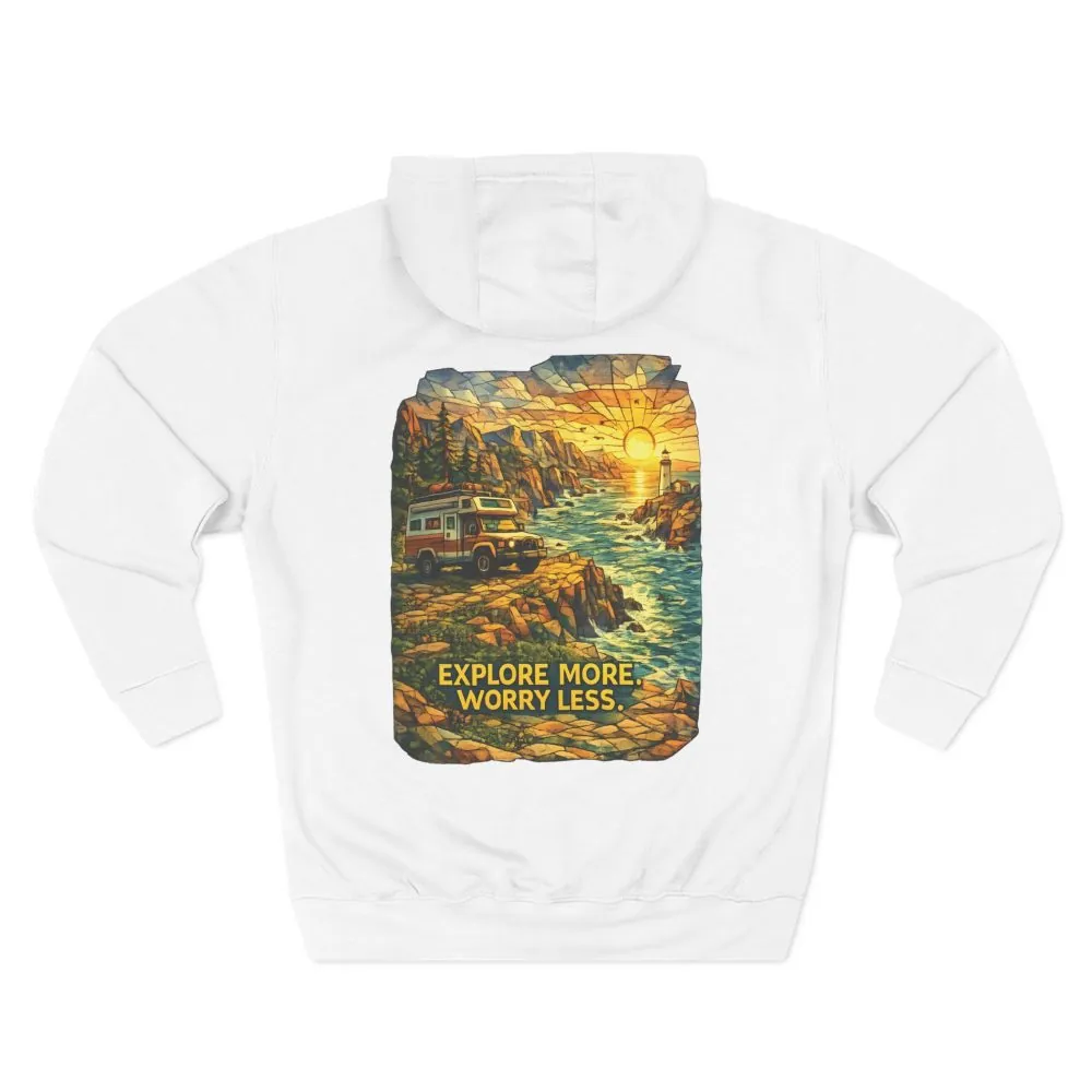Three-Panel Fleece Hoodie - "Explore More Worry Less" Design Cubic-Line
