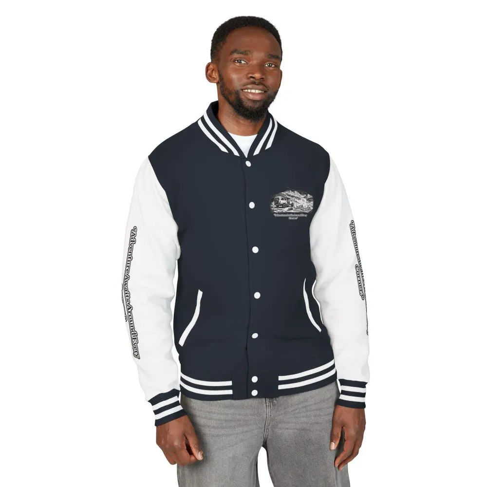 16856915427460587980_2048.jpeg Unisex Heavyweight Letterman Jacket — "Adventure Awaits Around Every Corner" Travel Varsity Coat