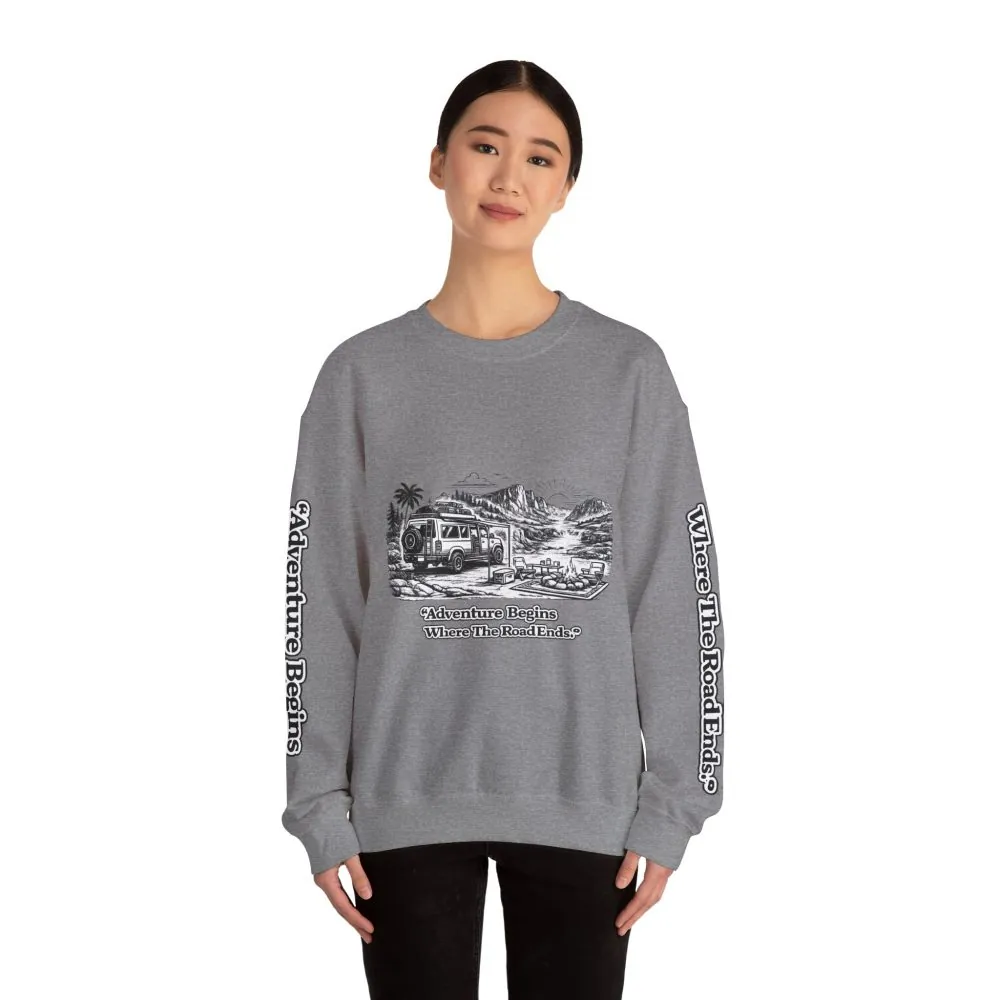16861972437279587369_2048.jpeg Unisex Heavy Blend™ Crewneck Sweatshirt — "Adventure Begins Where The Road Ends" Design Minimal-Line