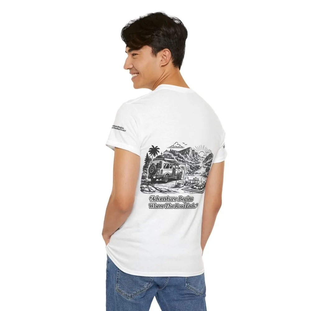 16880182495800750036_2048.jpeg Unisex Heavy Cotton Tee — "Adventure Begins Where The Road Ends" Design Minimal-Line