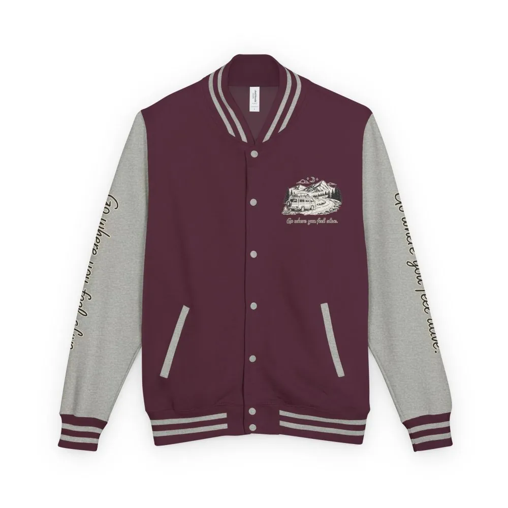 16894424095456239622_2048.jpeg Unisex Heavyweight Letterman Jacket — "Go Where You Feel Alive" Travel Varsity Coat