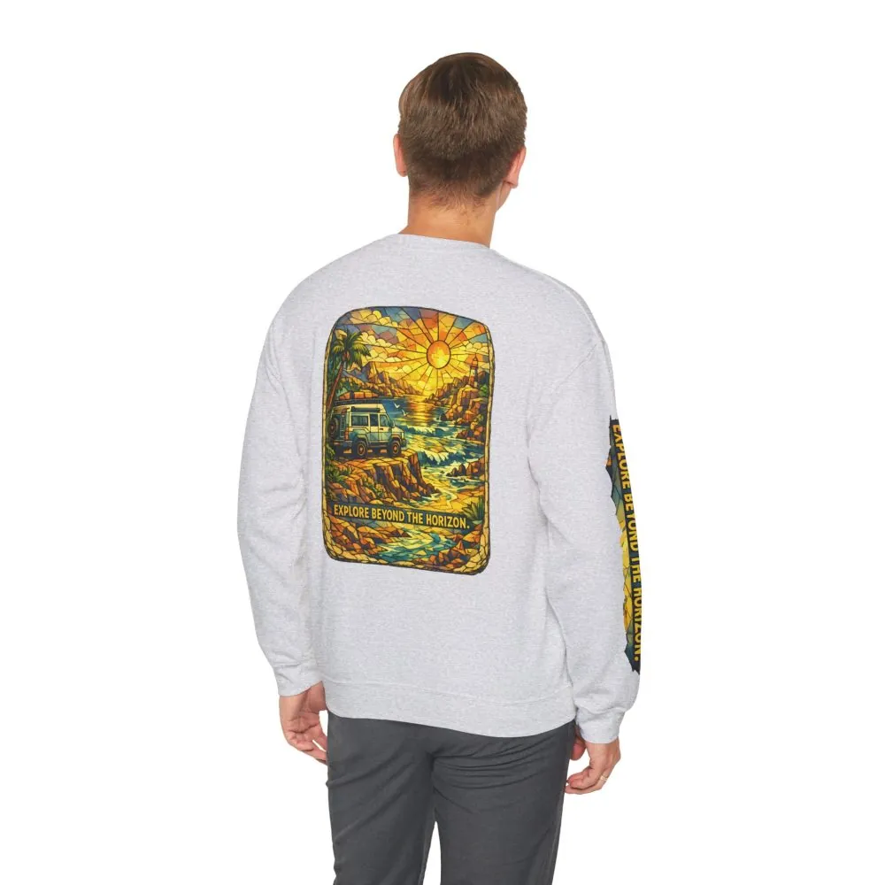 Unisex Heavy Blend™ Crewneck Sweatshirt — "Explore Beyond The Horizon" Design Cubic-Line