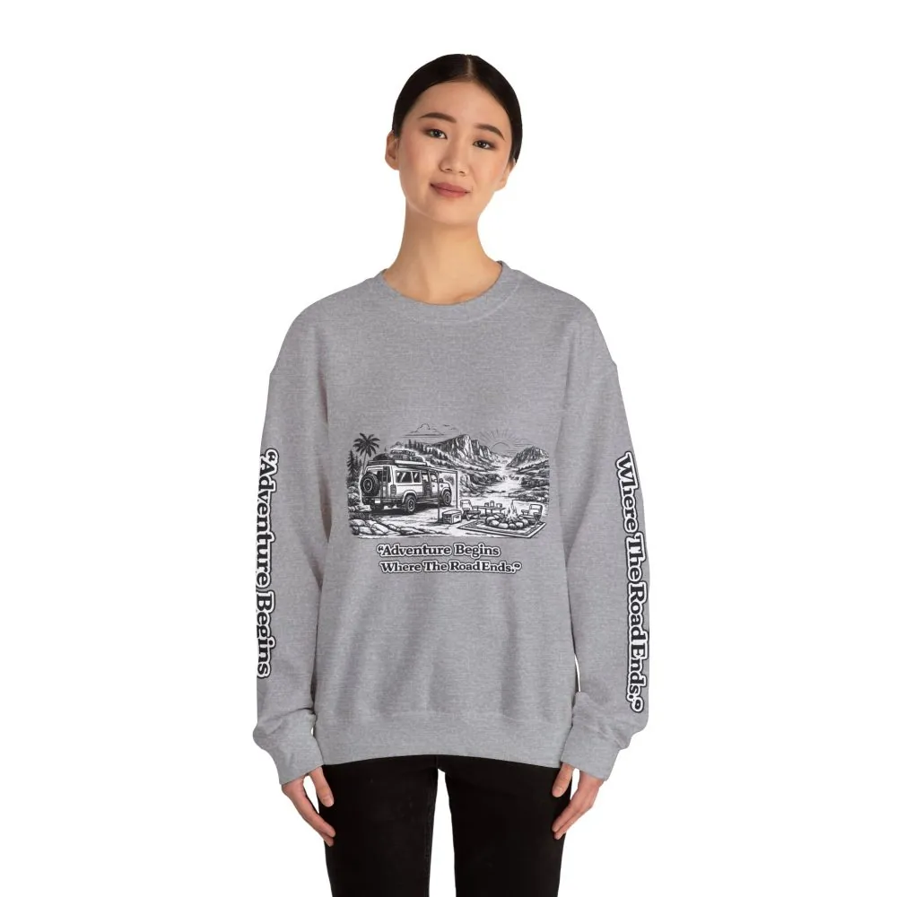 16917082670149955546_2048.jpeg Unisex Heavy Blend™ Crewneck Sweatshirt — "Adventure Begins Where The Road Ends" Design Minimal-Line
