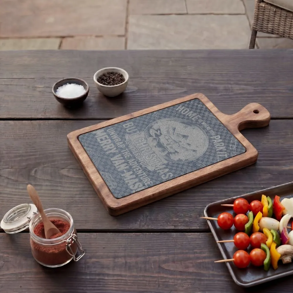 16918224973219757656_2048.jpeg "Gift" Engraved Oak Charcuterie Board with Cheese Tools — "Home Is Where You Park It-But Christmas Is Where You Unwrap The Adventure - Merry Van-mas"