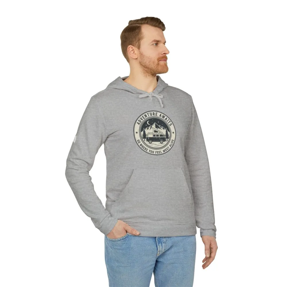 Hoodie(Adidas) — 'Adventure Awaits-Go Where You Feel Most Alive' Outdoor Travel Pullover (Only Front Printed)