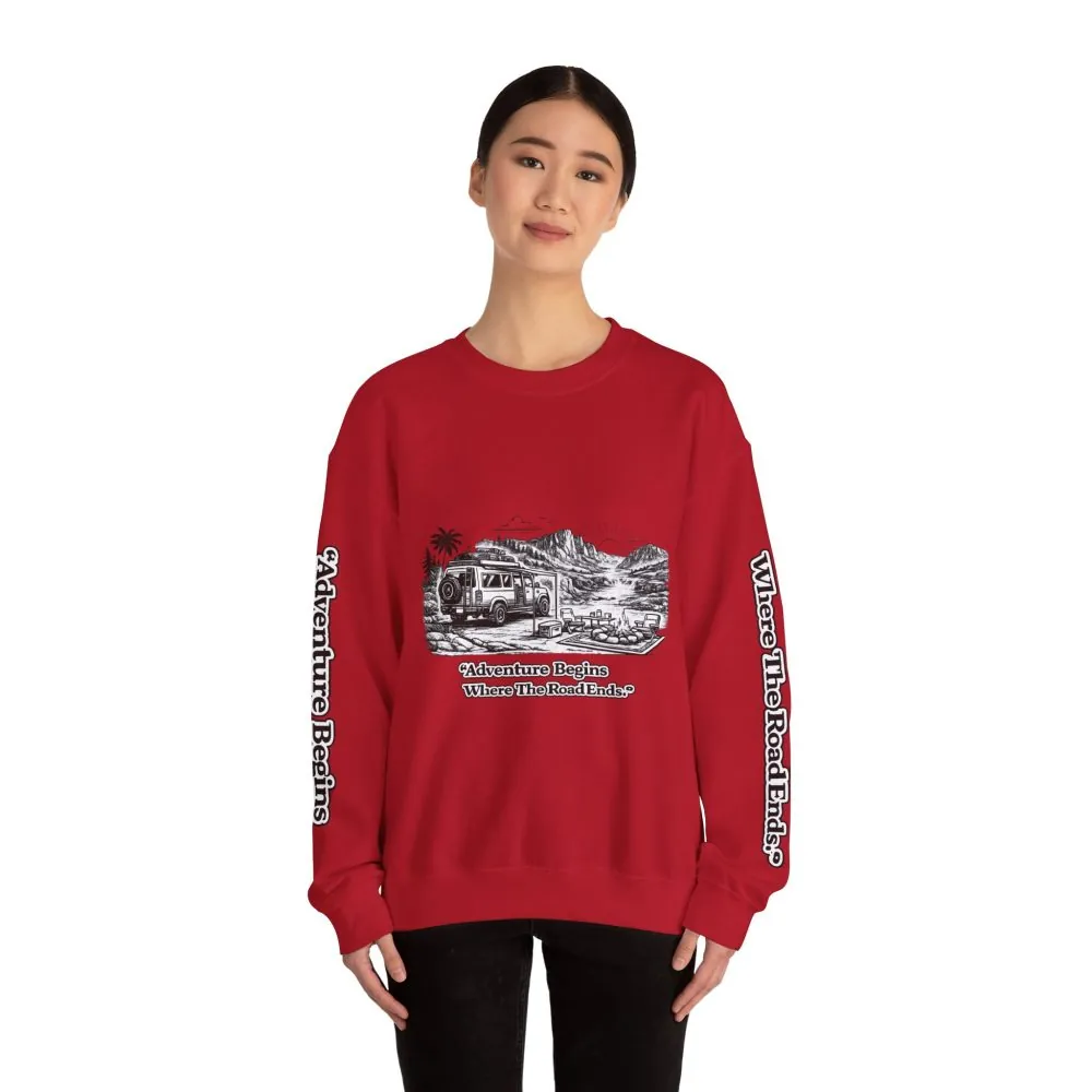 16968961876156214900_2048.jpeg Unisex Heavy Blend™ Crewneck Sweatshirt — "Adventure Begins Where The Road Ends" Design Minimal-Line