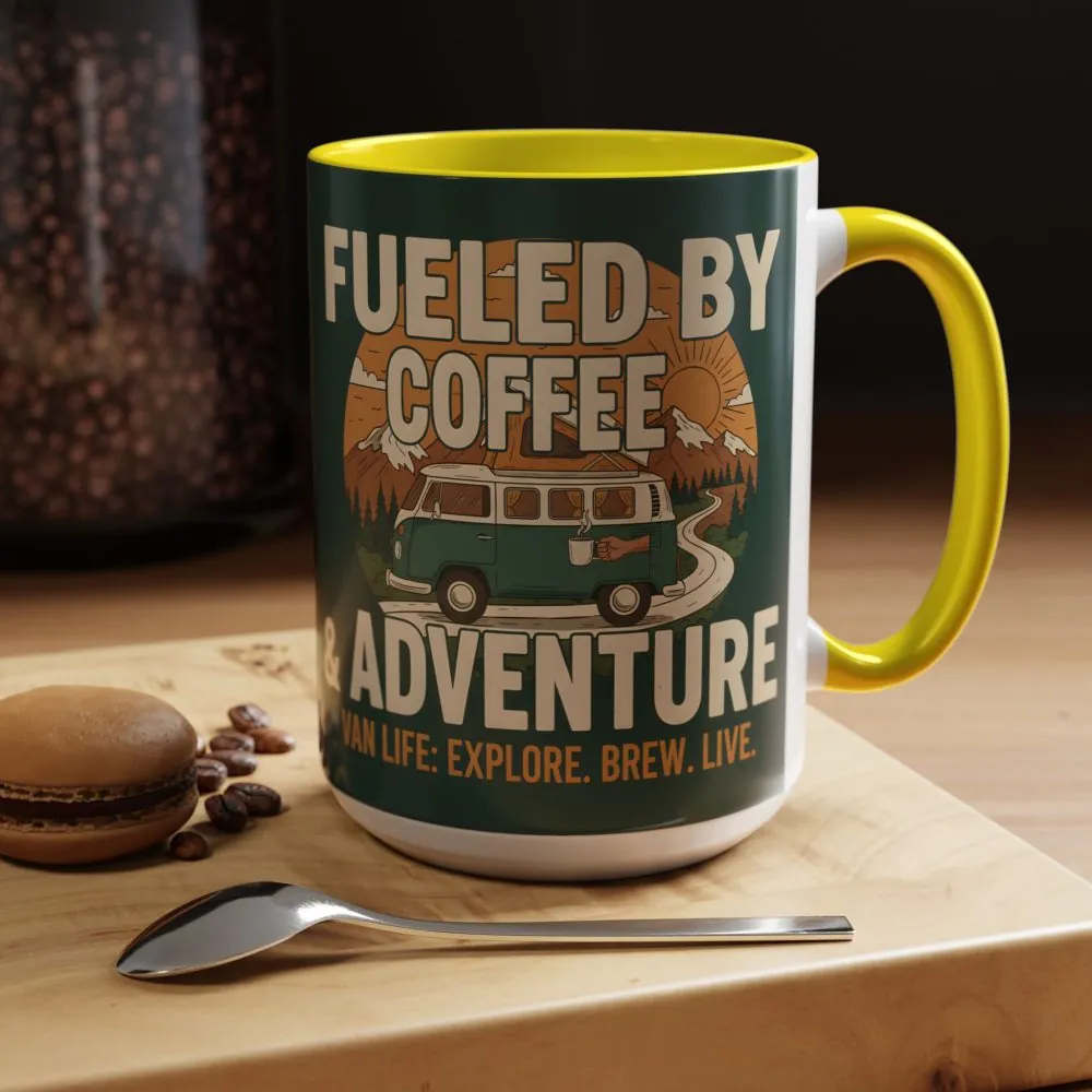 Accent Coffee Mug (11, 15oz) — "Fueled by Coffee & Adventure"